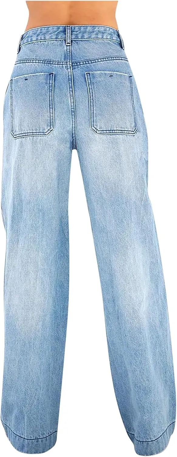 Womens Summer Casual High Waisted Denim Baggy Jeans Loose Vintage Wide Leg Straight Trousers Long Distressed Pants