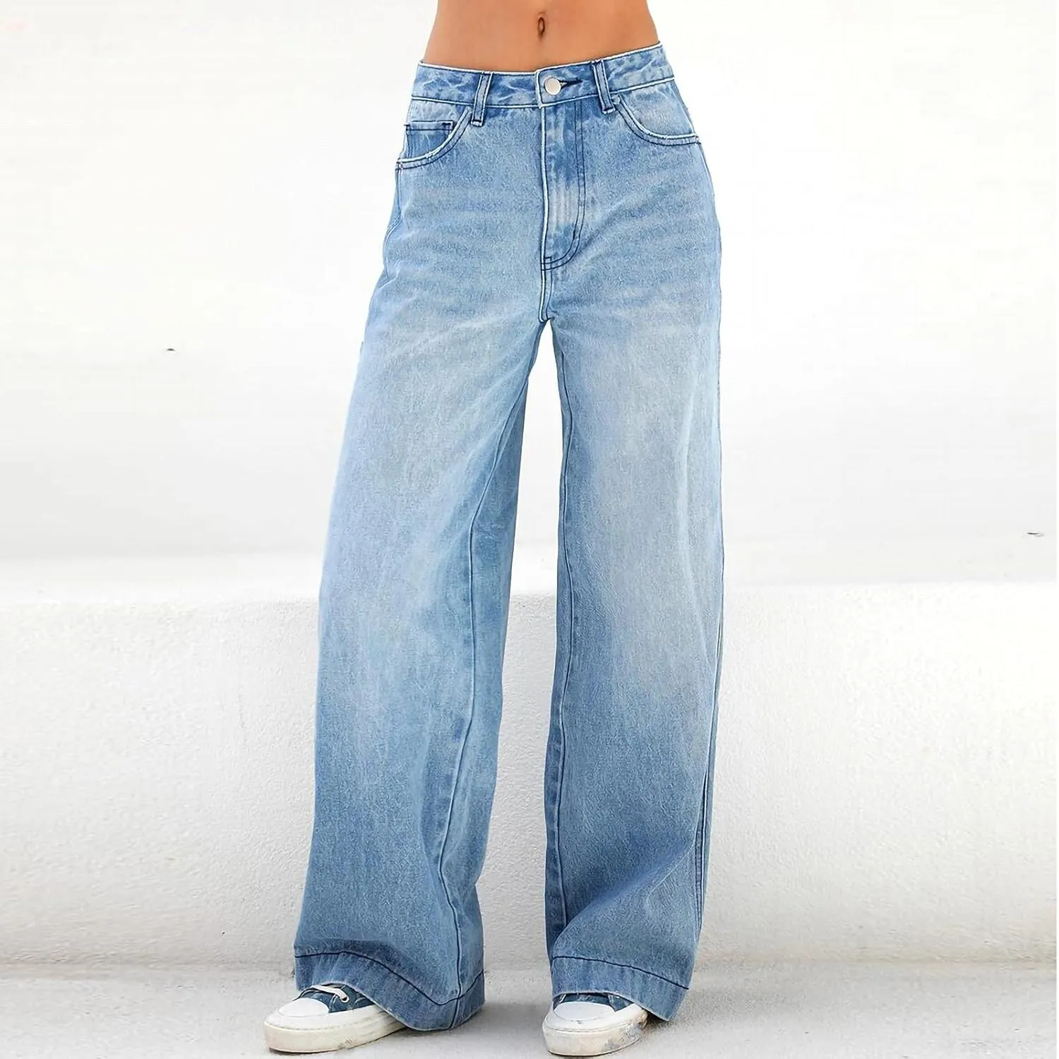 Womens Summer Casual High Waisted Denim Baggy Jeans Loose Vintage Wide Leg Straight Trousers Long Distressed Pants