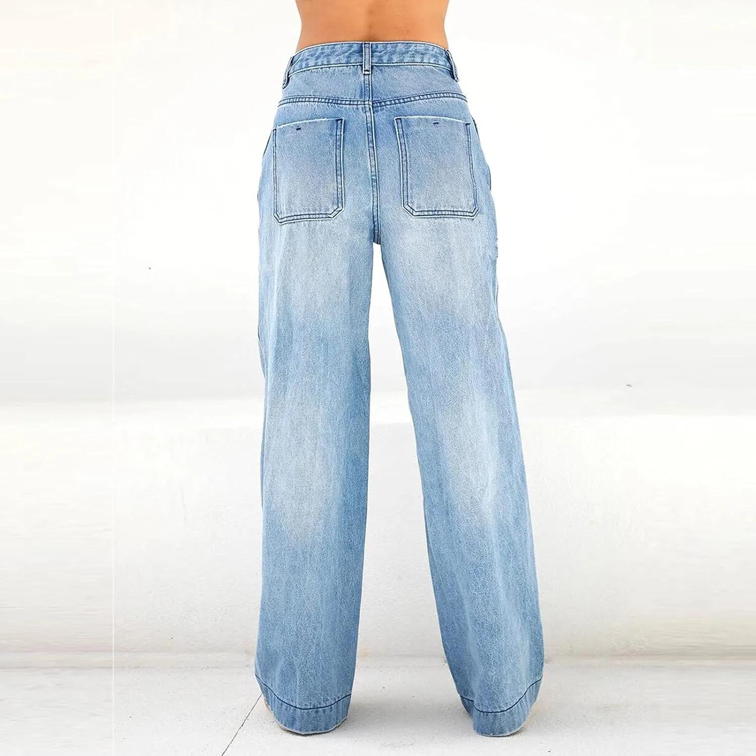 Womens Summer Casual High Waisted Denim Baggy Jeans Loose Vintage Wide Leg Straight Trousers Long Distressed Pants