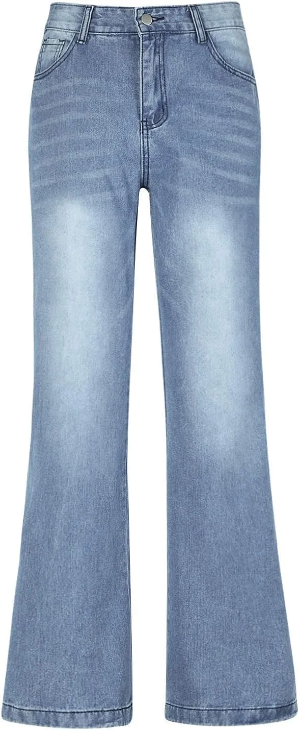 Womens Summer Casual High Waisted Denim Baggy Jeans Loose Vintage Wide Leg Straight Trousers Long Distressed Pants