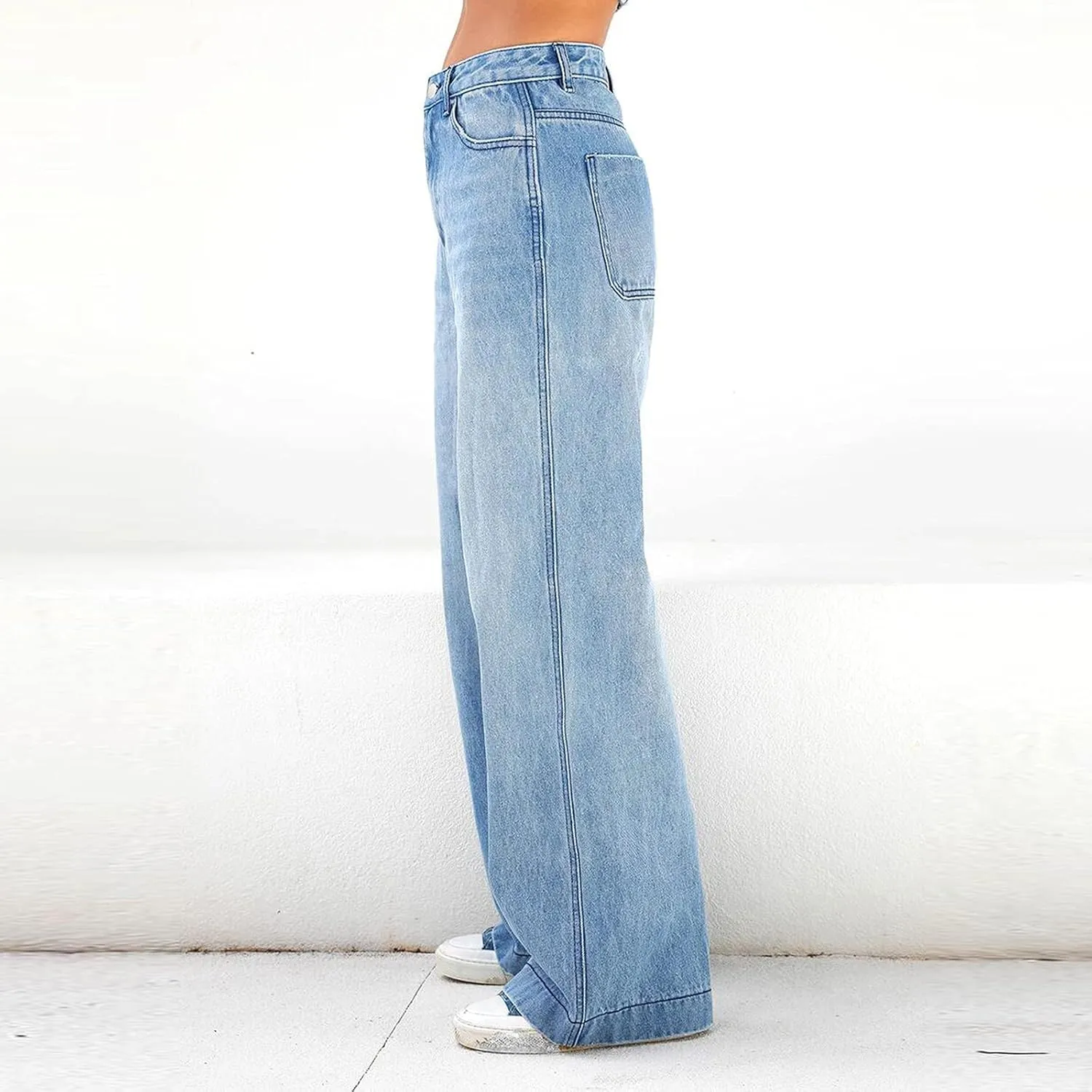 Womens Summer Casual High Waisted Denim Baggy Jeans Loose Vintage Wide Leg Straight Trousers Long Distressed Pants