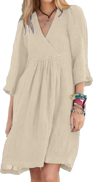 Womens Summer Cotton Linen A-Line Dress 2025 Fashion V-Neck 3/4 Sleeve Midi Dresses Casual Modest Knee-Length Dress