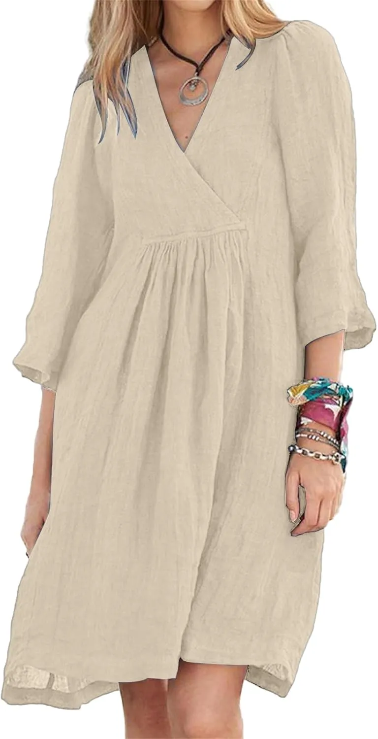 Womens Summer Cotton Linen A-Line Dress 2025 Fashion V-Neck 3/4 Sleeve Midi Dresses Casual Modest Knee-Length Dress