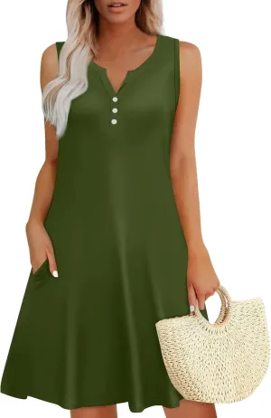 Womens Summer Dress 2025 Casual Solid/Floral Button Down V Neck Sleeveless Boho Beach A-Line Sundresses with Pockets