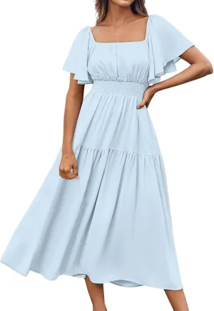 Womens Summer Dress Square Neck Flutter Short Sleeve Smocked Waist Dresses Casual Tiered Flowy Vacation Maxi Dress