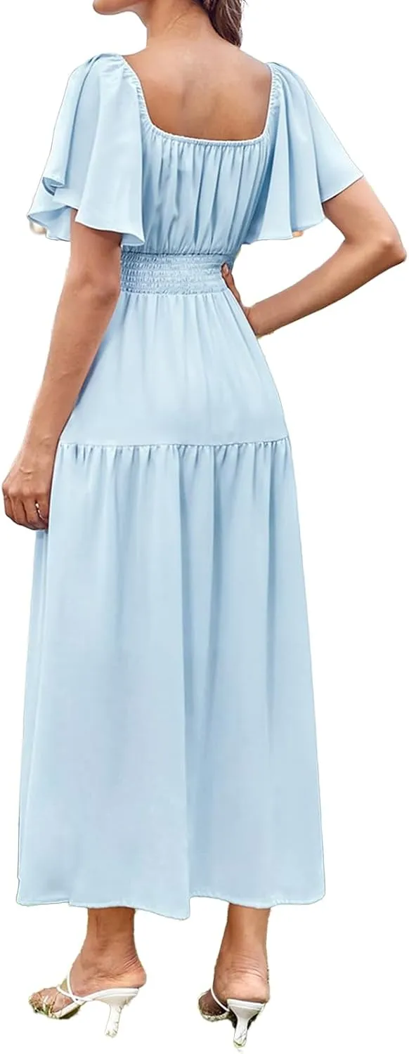 Womens Summer Dress Square Neck Flutter Short Sleeve Smocked Waist Dresses Casual Tiered Flowy Vacation Maxi Dress