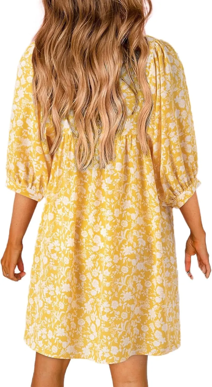 Womens Summer Dresses Bohemian Floral Lantern Sleeve V Neck Flowy A-Line Mini Dress 2025 Vacation Beach Dress