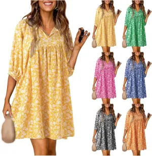 Womens Summer Dresses Bohemian Floral Lantern Sleeve V Neck Flowy A-Line Mini Dress 2025 Vacation Beach Dress