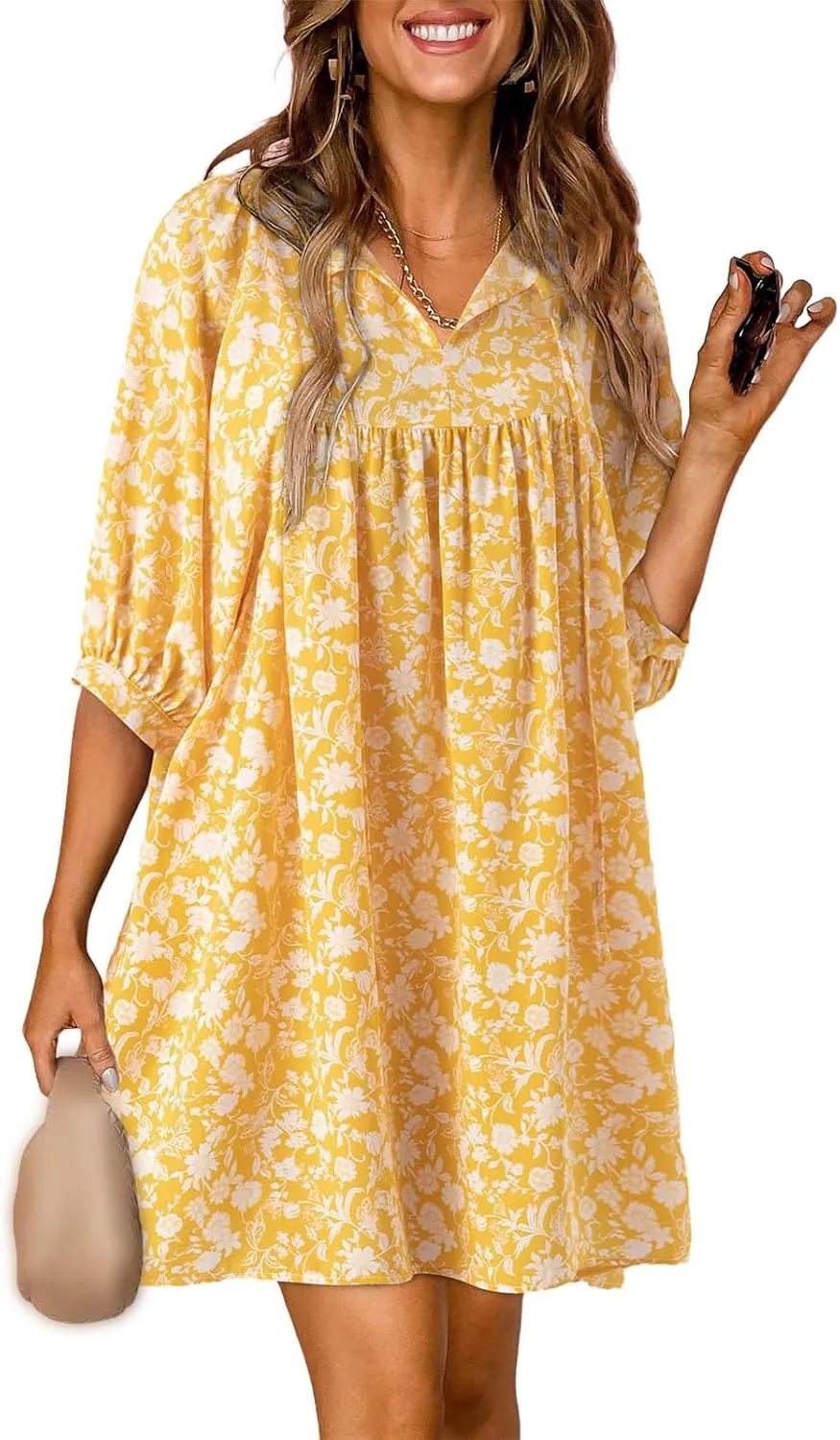 Womens Summer Dresses Bohemian Floral Lantern Sleeve V Neck Flowy A-Line Mini Dress 2025 Vacation Beach Dress