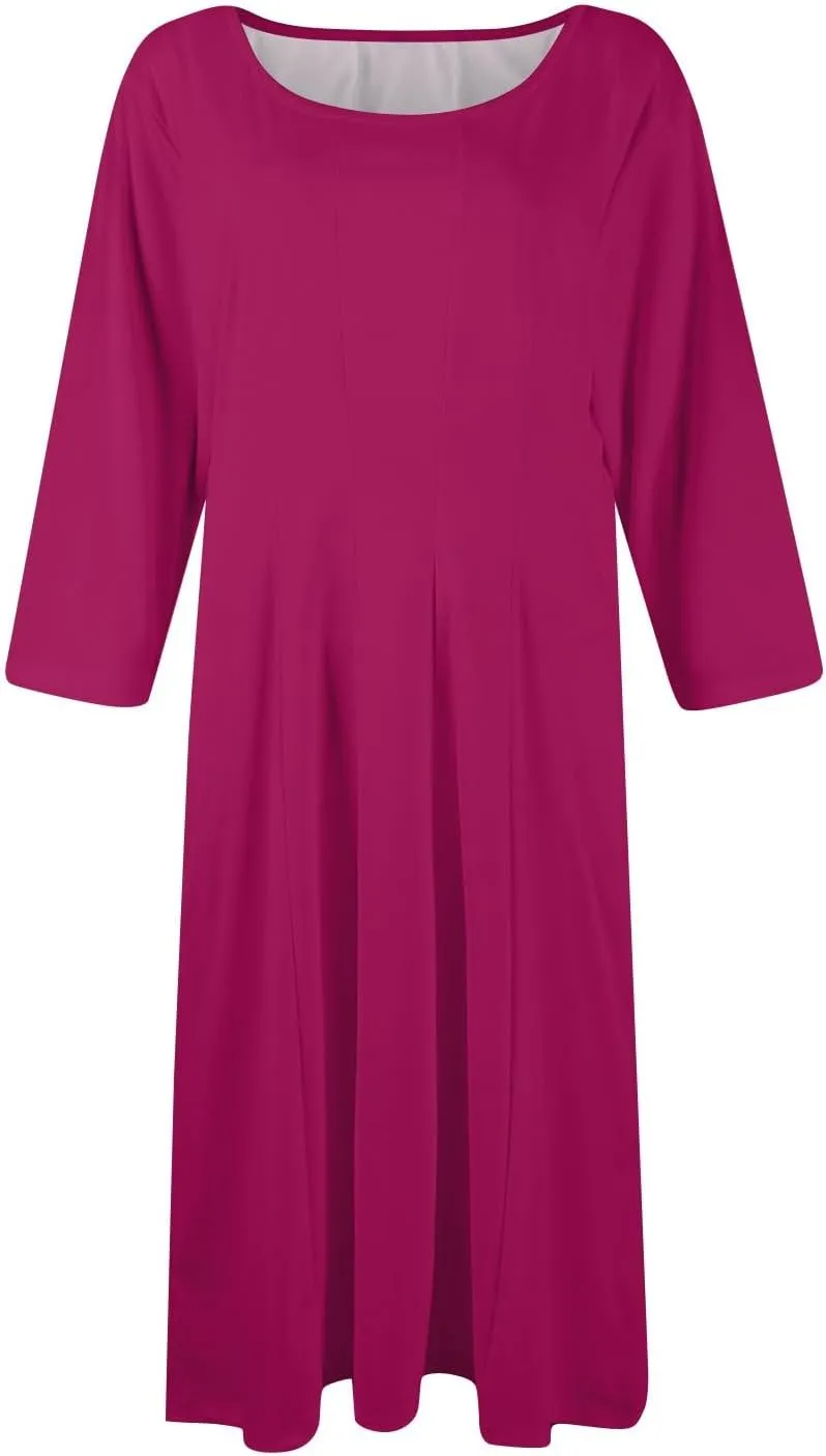Womens Summer Dresses Crew Neck 3/4 Sleeve Dress Solid Color Wrap Dress Spring Midi Dresses Pleated with Pocket