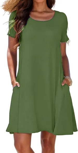 Womens Summer Dresses Crew Neck Short Sleeve A Line Mini Dresses Casual T Shirts Dresses Loose Sundress with Pocket