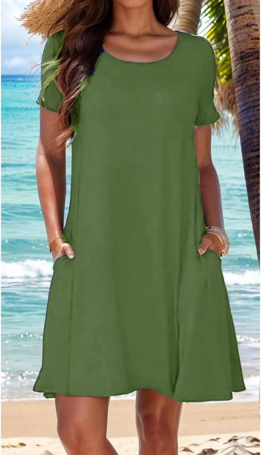 Womens Summer Dresses Crew Neck Short Sleeve A Line Mini Dresses Casual T Shirts Dresses Loose Sundress with Pocket