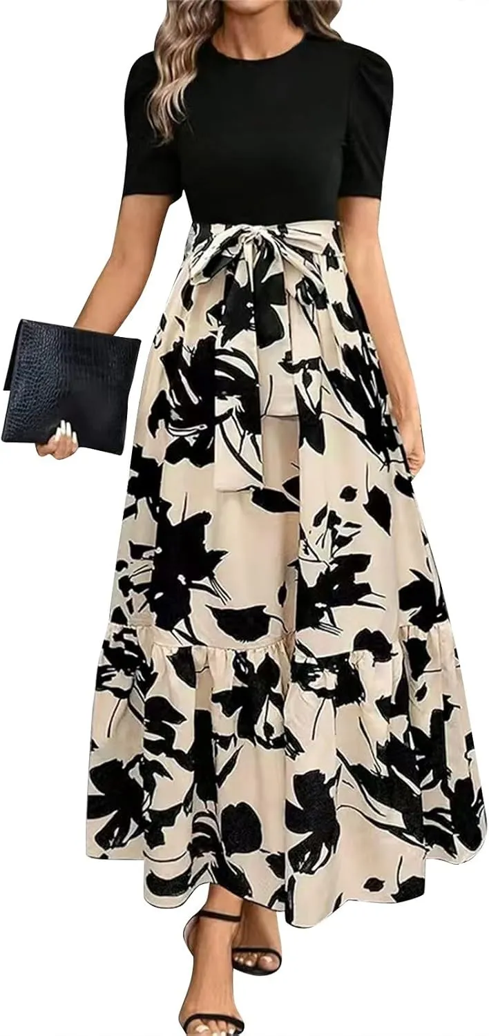 Womens Summer Floral Dress Casual Printed Short Sleeve Dress Crewneck Flowy Midi Dress Elegant Work Dresses with Belt
