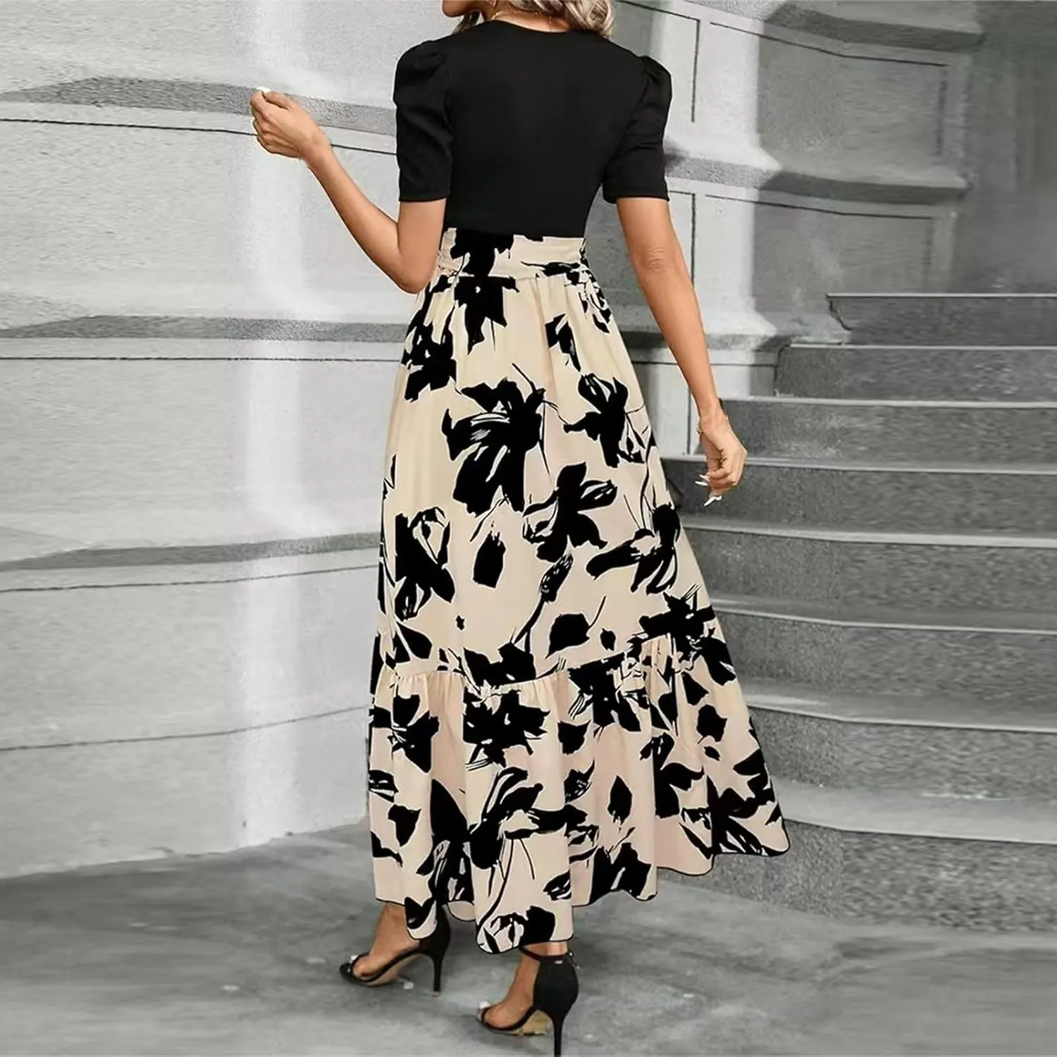 Womens Summer Floral Dress Casual Printed Short Sleeve Dress Crewneck Flowy Midi Dress Elegant Work Dresses with Belt
