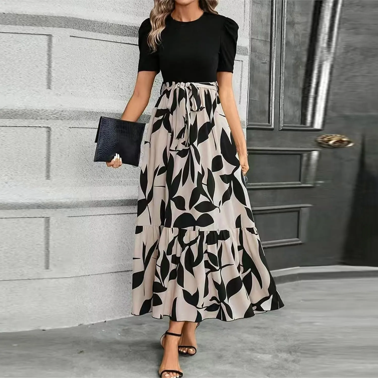 Womens Summer Floral Dress Casual Printed Short Sleeve Dress Crewneck Flowy Midi Dress Elegant Work Dresses with Belt