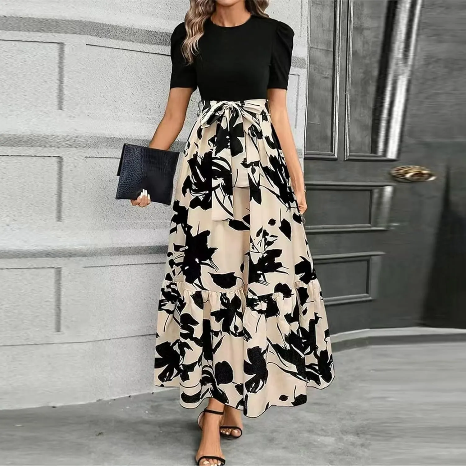 Womens Summer Floral Dress Casual Printed Short Sleeve Dress Crewneck Flowy Midi Dress Elegant Work Dresses with Belt