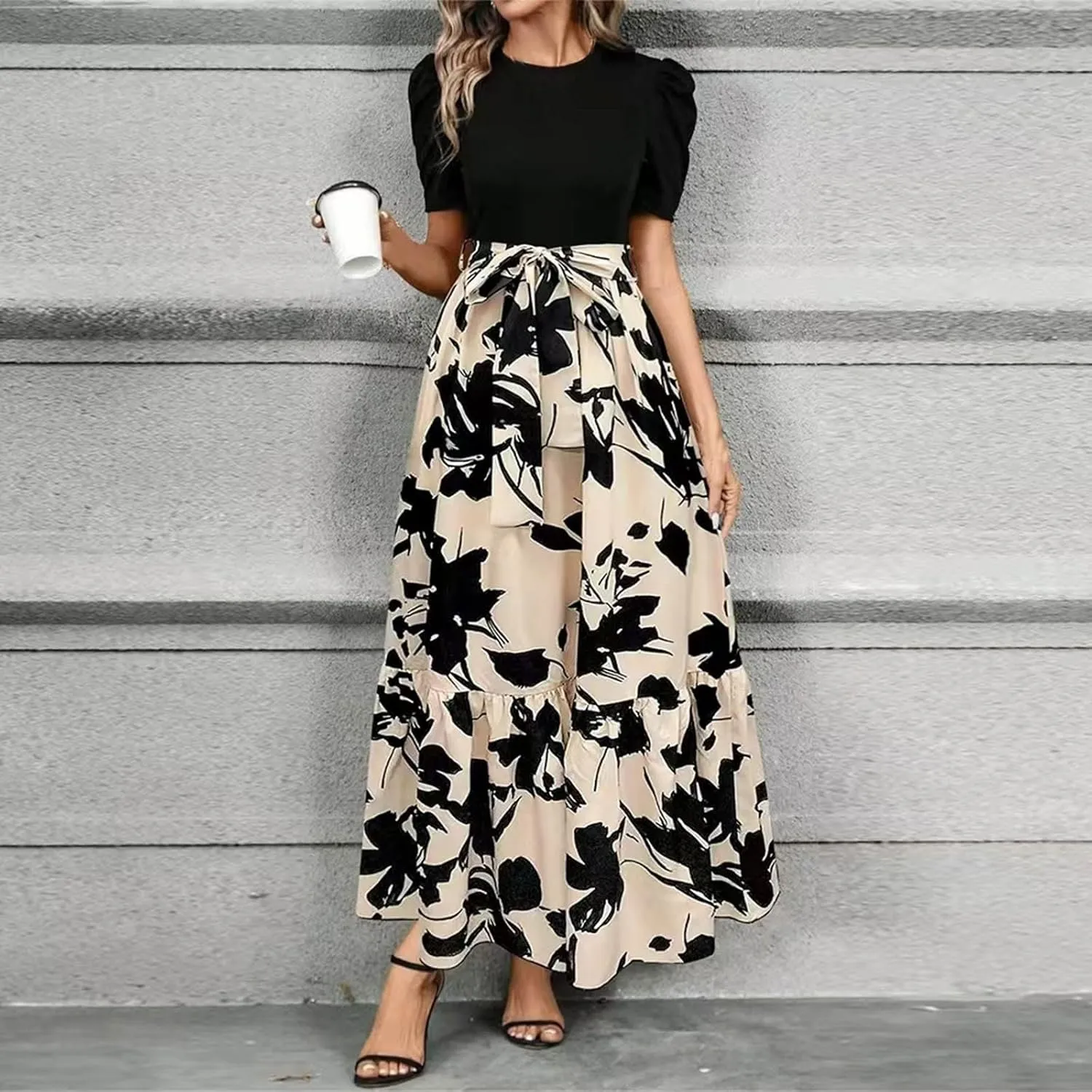 Womens Summer Floral Dress Casual Printed Short Sleeve Dress Crewneck Flowy Midi Dress Elegant Work Dresses with Belt