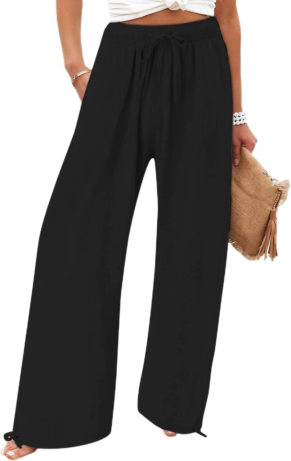 Women's Summer High Waisted Cotton Linen Palazzo Pants Wide Leg Long Lounge Pocked Pants Baggy Drawstring Trousers