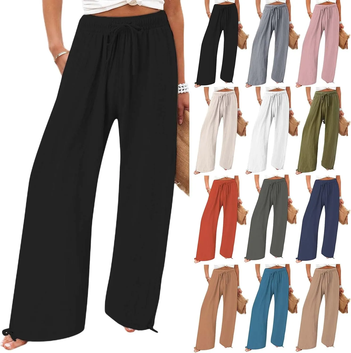 Women's Summer High Waisted Cotton Linen Palazzo Pants Wide Leg Long Lounge Pocked Pants Baggy Drawstring Trousers