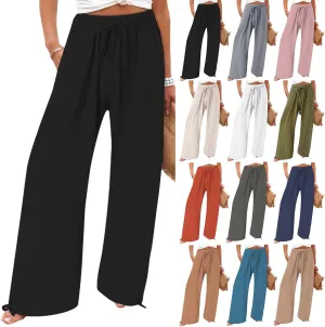 Women's Summer High Waisted Cotton Linen Palazzo Pants Wide Leg Long Lounge Pocked Pants Baggy Drawstring Trousers