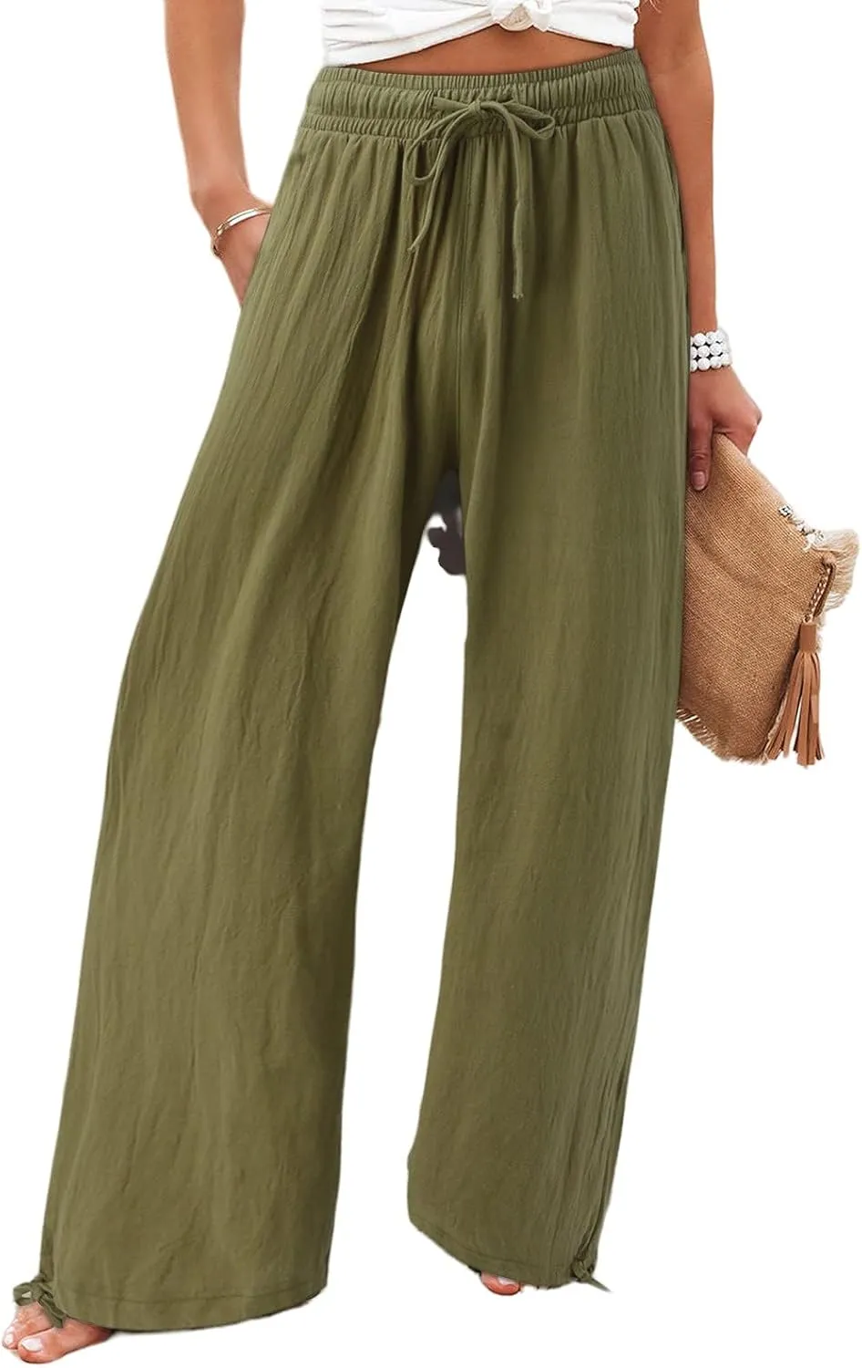 Women's Summer High Waisted Cotton Linen Palazzo Pants Wide Leg Long Lounge Pocked Pants Baggy Drawstring Trousers