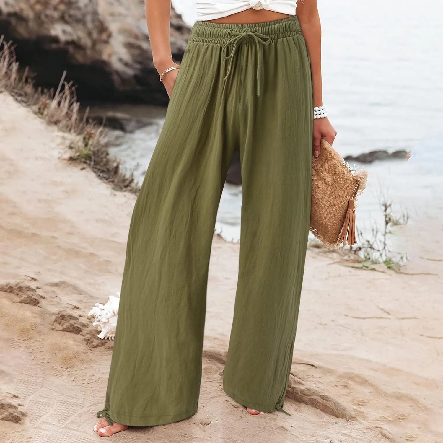 Women's Summer High Waisted Cotton Linen Palazzo Pants Wide Leg Long Lounge Pocked Pants Baggy Drawstring Trousers