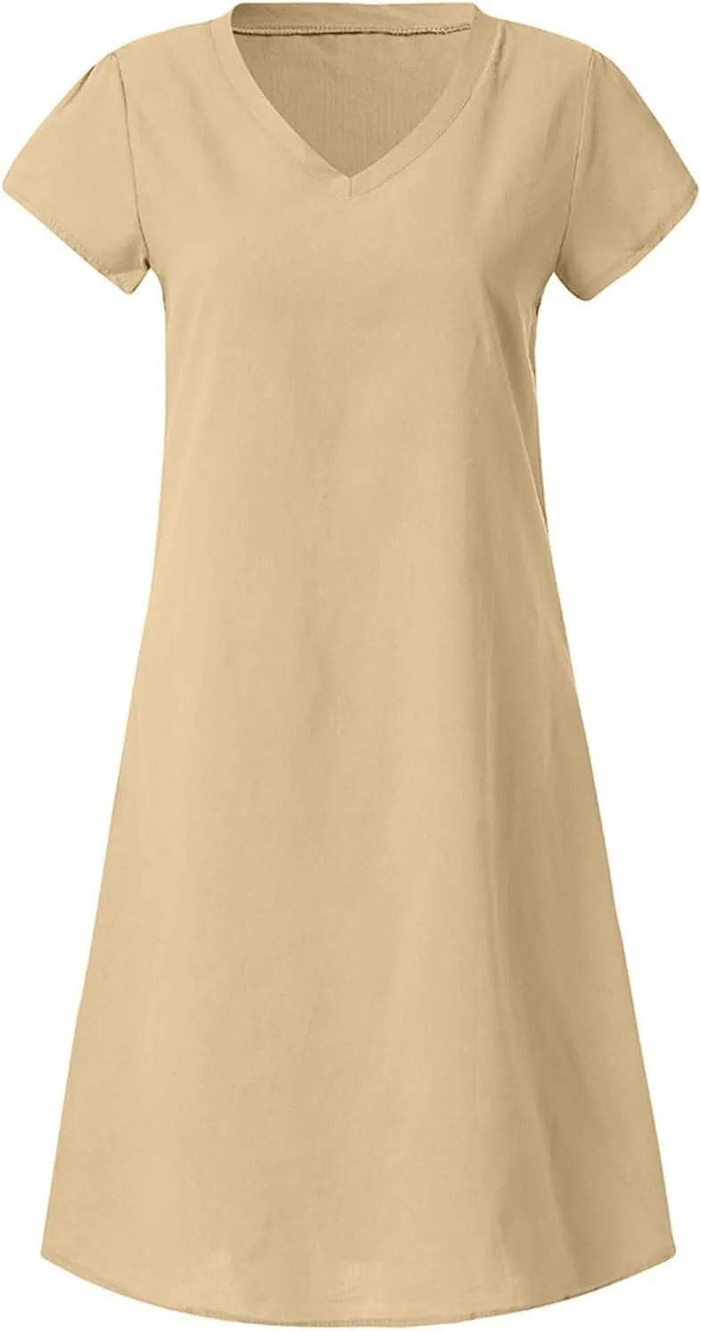 Women's Summer Lightweight Dress V Neck Short Sleeve Shift Midi Dresses Vintage Loose Beach Sundress Tshirts Dress