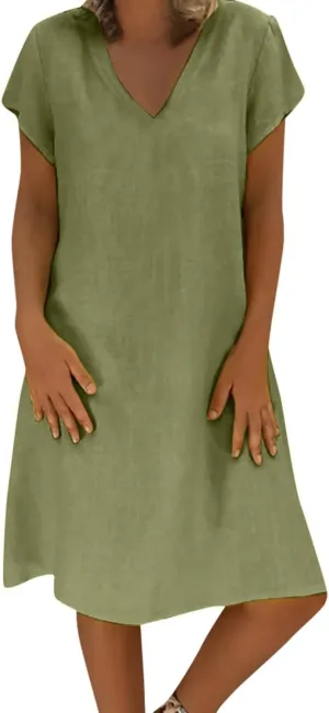 Women's Summer Lightweight Dress V Neck Short Sleeve Shift Midi Dresses Vintage Loose Beach Sundress Tshirts Dress