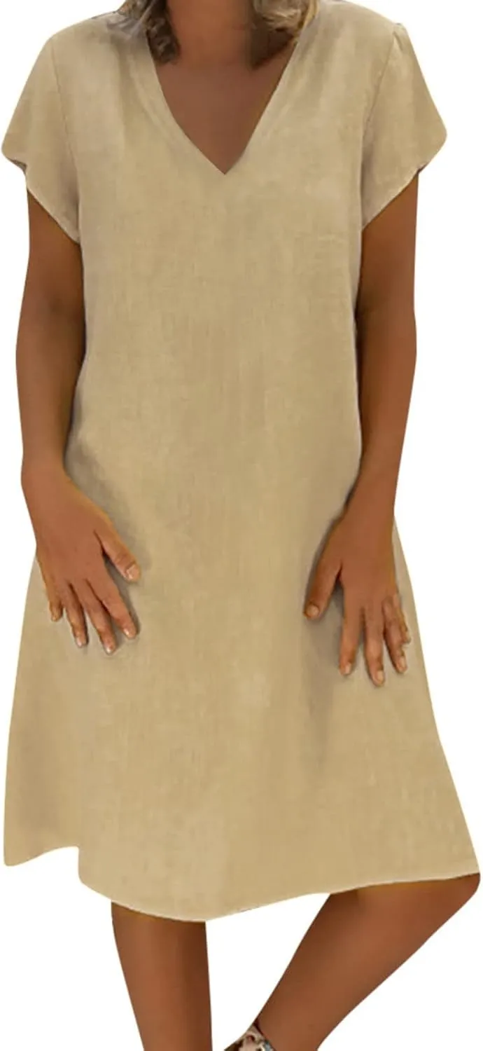 Women's Summer Lightweight Dress V Neck Short Sleeve Shift Midi Dresses Vintage Loose Beach Sundress Tshirts Dress