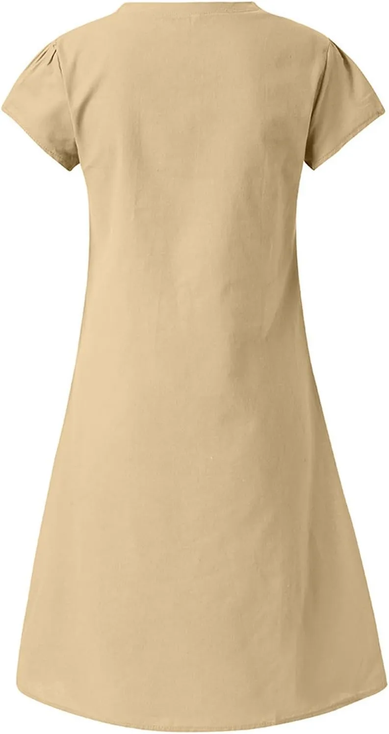 Women's Summer Lightweight Dress V Neck Short Sleeve Shift Midi Dresses Vintage Loose Beach Sundress Tshirts Dress