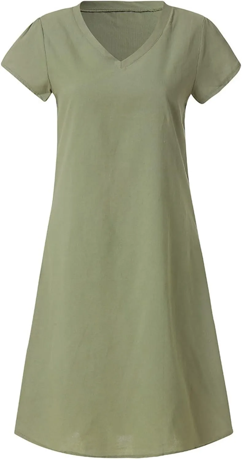 Women's Summer Lightweight Dress V Neck Short Sleeve Shift Midi Dresses Vintage Loose Beach Sundress Tshirts Dress