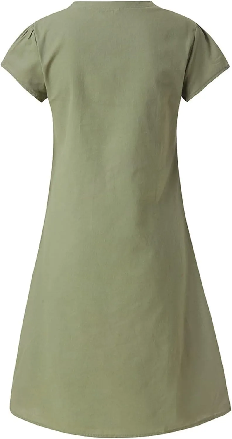 Women's Summer Lightweight Dress V Neck Short Sleeve Shift Midi Dresses Vintage Loose Beach Sundress Tshirts Dress