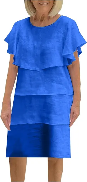 Women's Tiered Ruched Cotton Linen Dress, Solid Color Loose Comfy Midi Dresses Short Sleeve Crewneck Casual Clothes