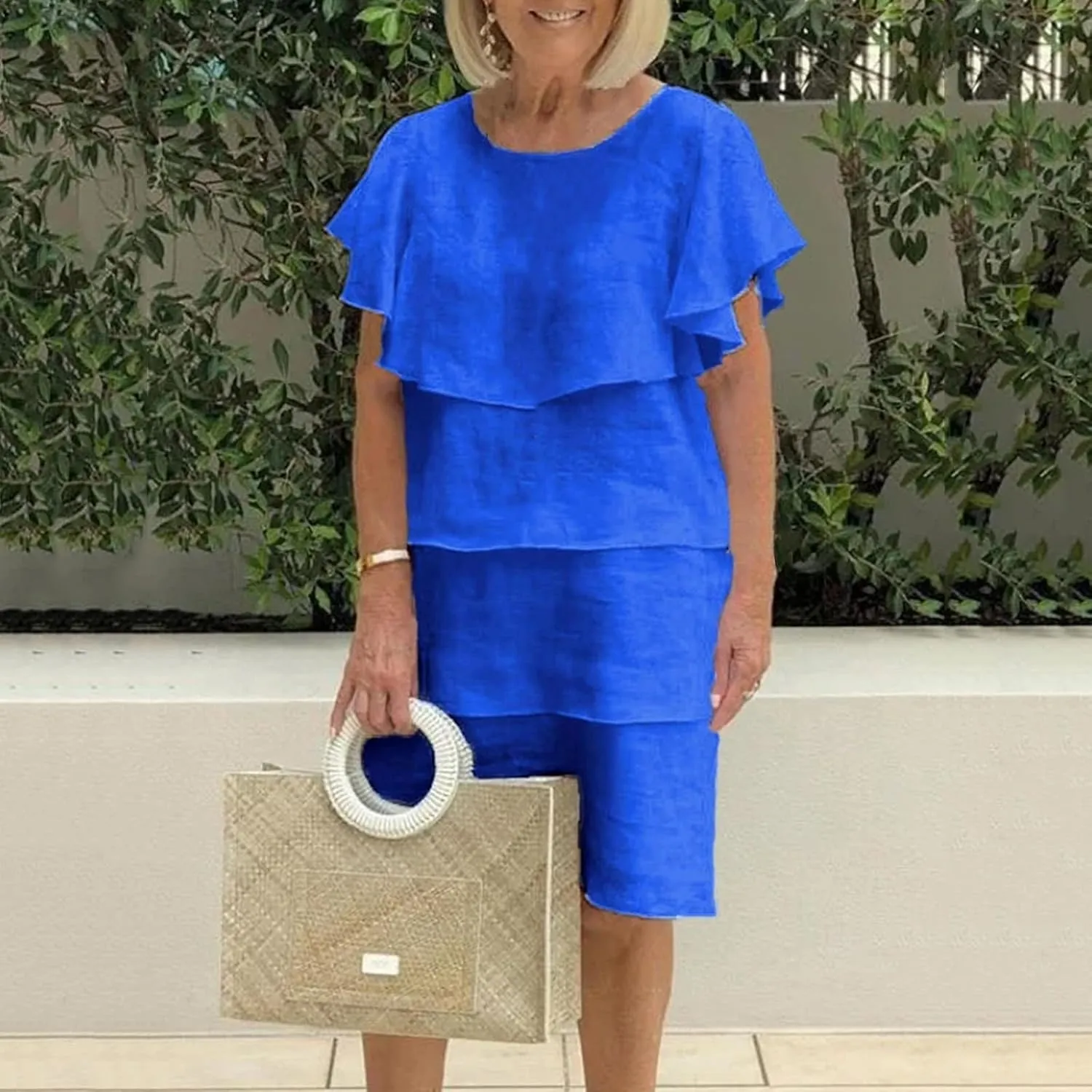 Women's Tiered Ruched Cotton Linen Dress, Solid Color Loose Comfy Midi Dresses Short Sleeve Crewneck Casual Clothes