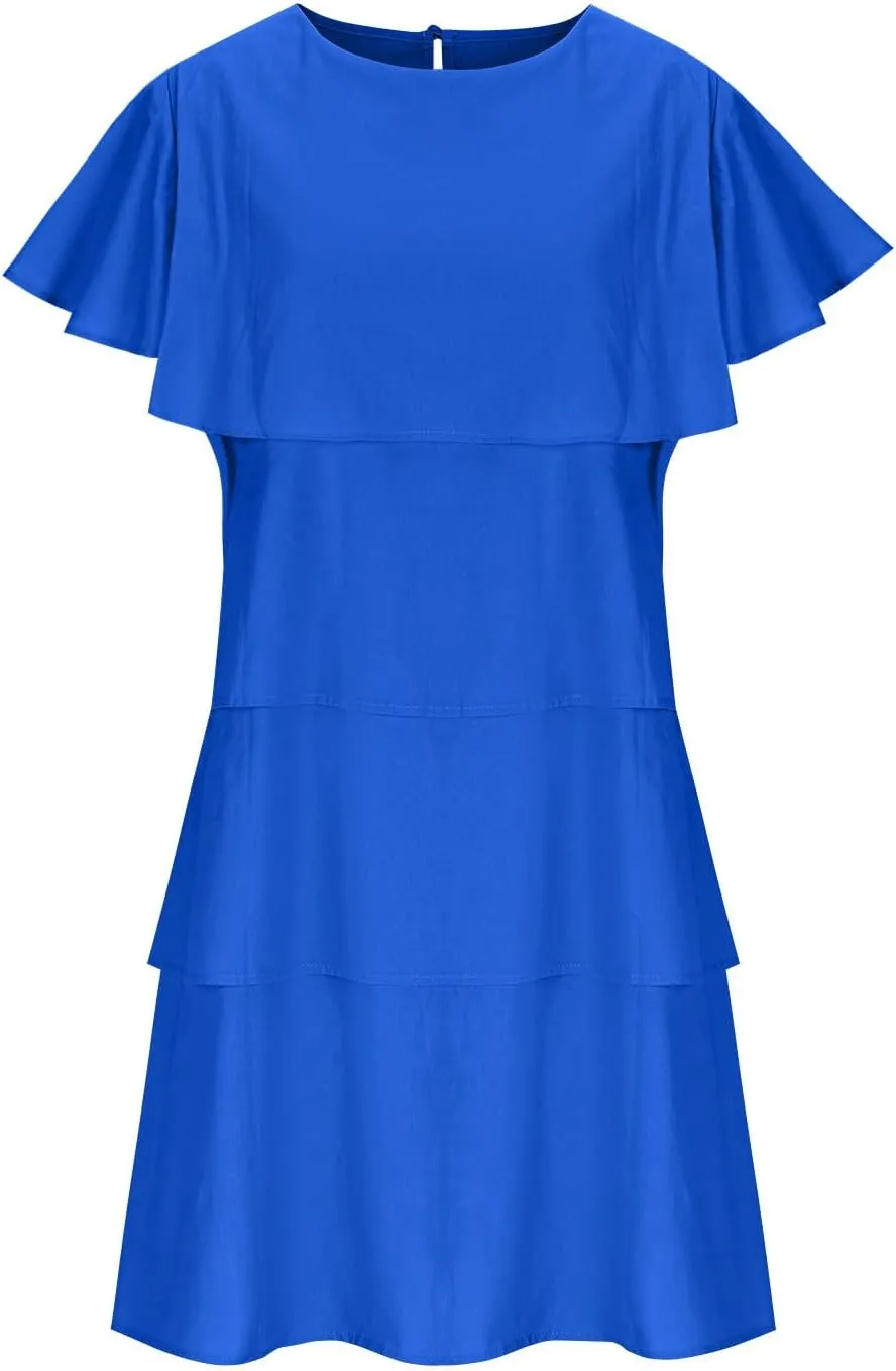 Women's Tiered Ruched Cotton Linen Dress, Solid Color Loose Comfy Midi Dresses Short Sleeve Crewneck Casual Clothes