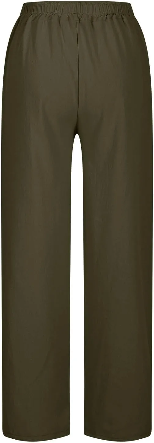 Womens Wide Leg Cotton Linen Pants Side Slit Hem Ankle Length Slacks Casual Elastic Waist Trousers with Pockets