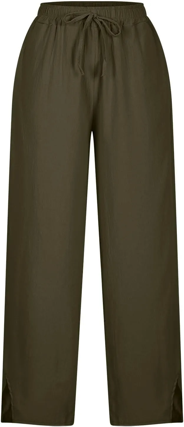 Womens Wide Leg Cotton Linen Pants Side Slit Hem Ankle Length Slacks Casual Elastic Waist Trousers with Pockets