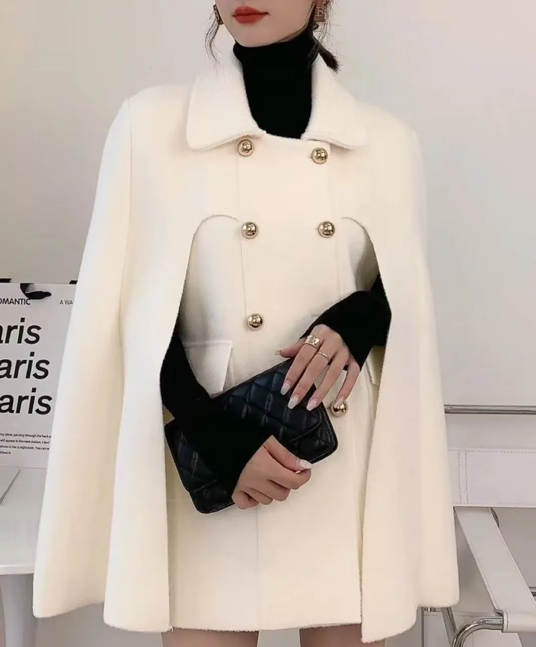 Womens Winter Poncho Double-Breast Wool Blend Jacket Coat Slit Sleeve Flowy Wool Blend Cape Cloak Coat
