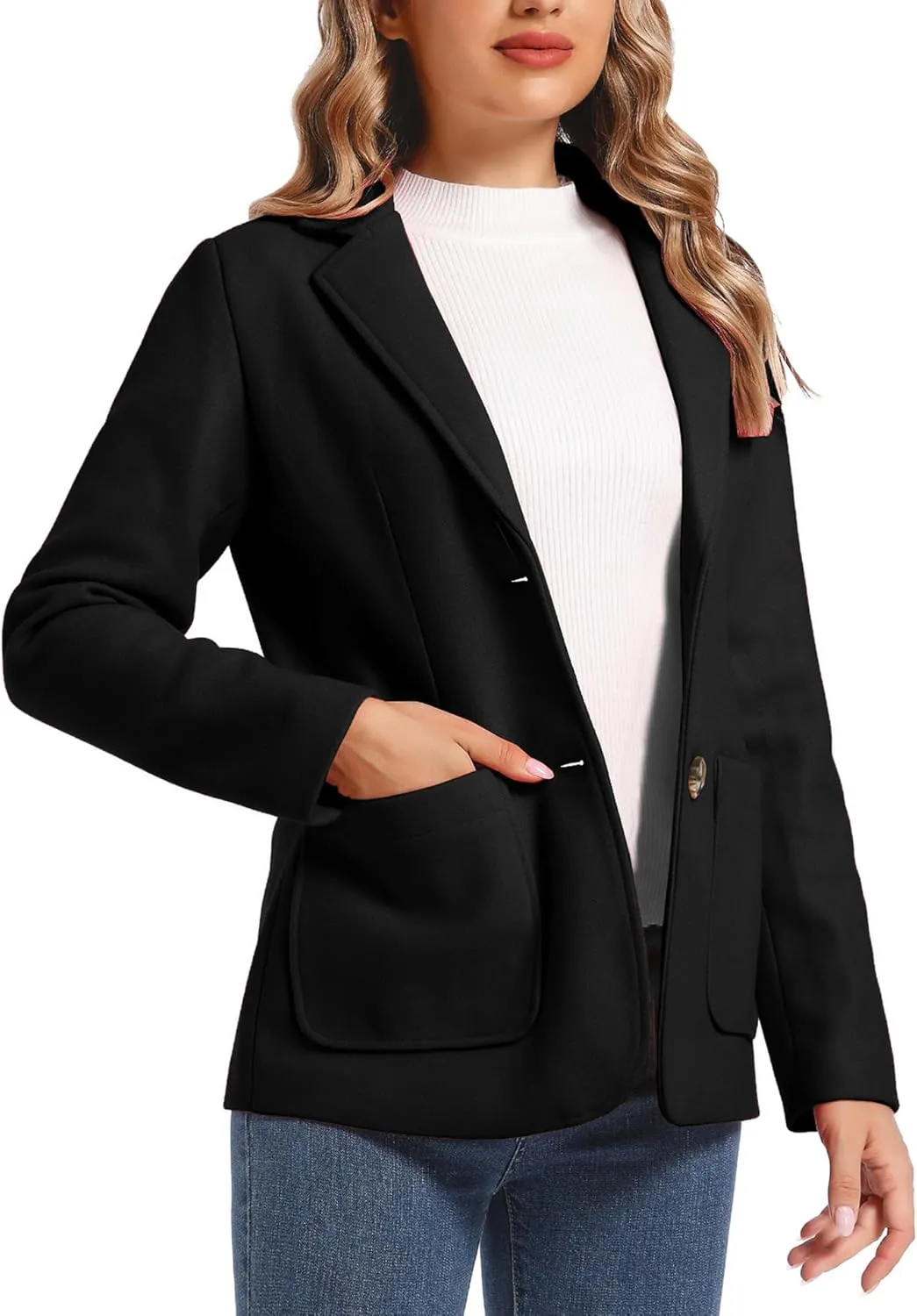 Women's Wool Blend Notched Lapel Single Breasted Blazer