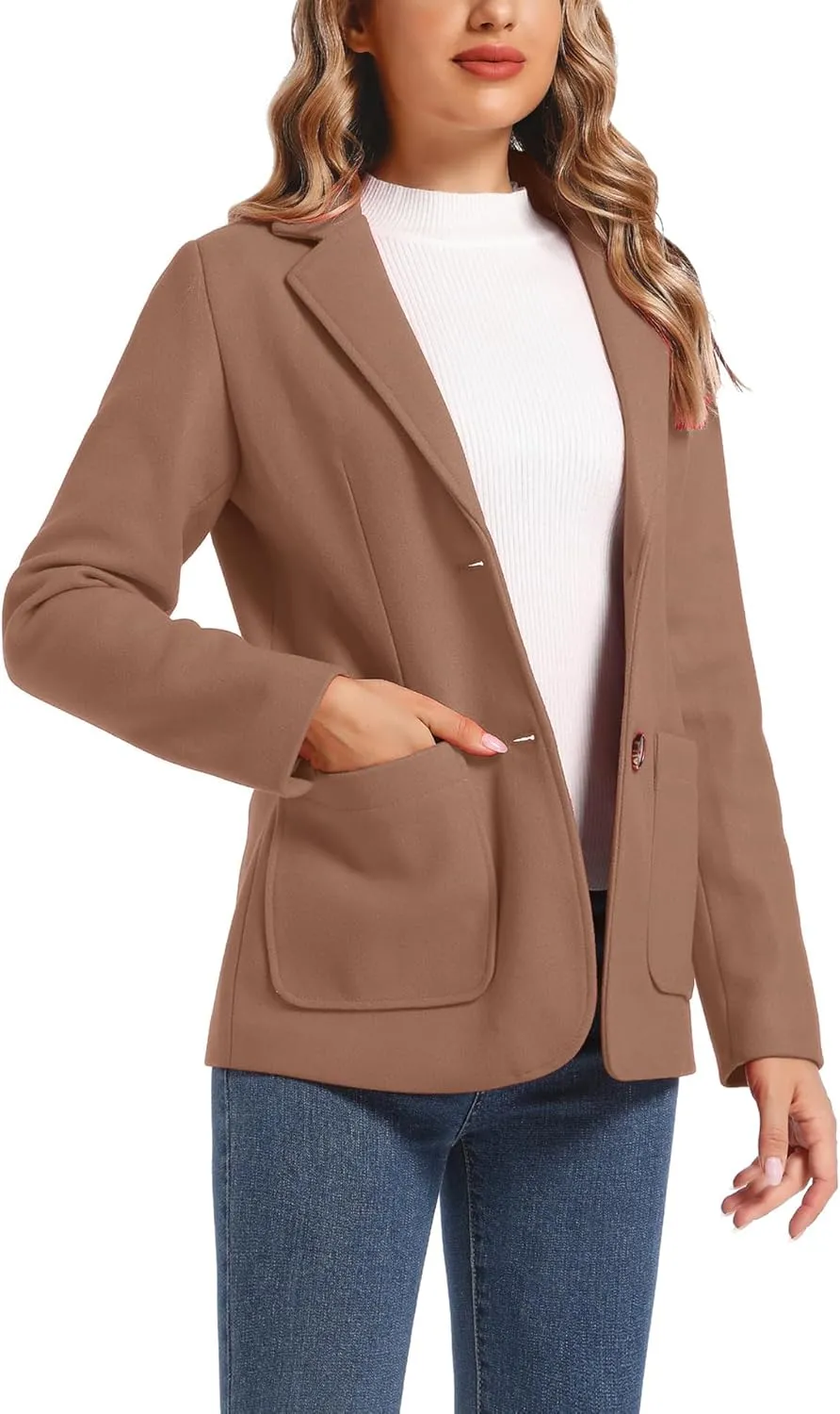 Women's Wool Blend Notched Lapel Single Breasted Blazer