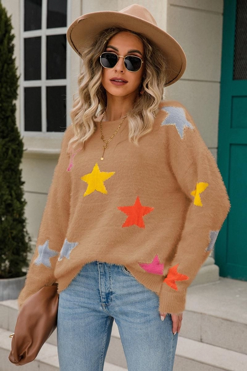 WOMENS COLORED STAR PATTERN SWEATER TOP All Day Comfort LowMaintenanceMaterial