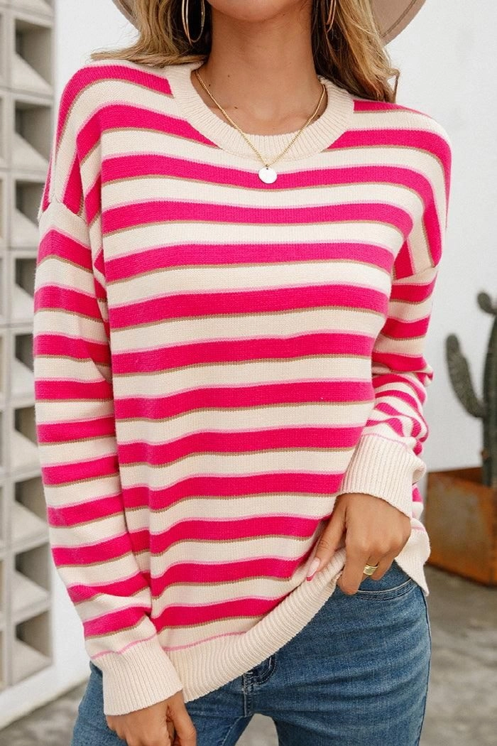 WOMENS STRIPE CASUAL SWEATER TOP RaglanSleeve