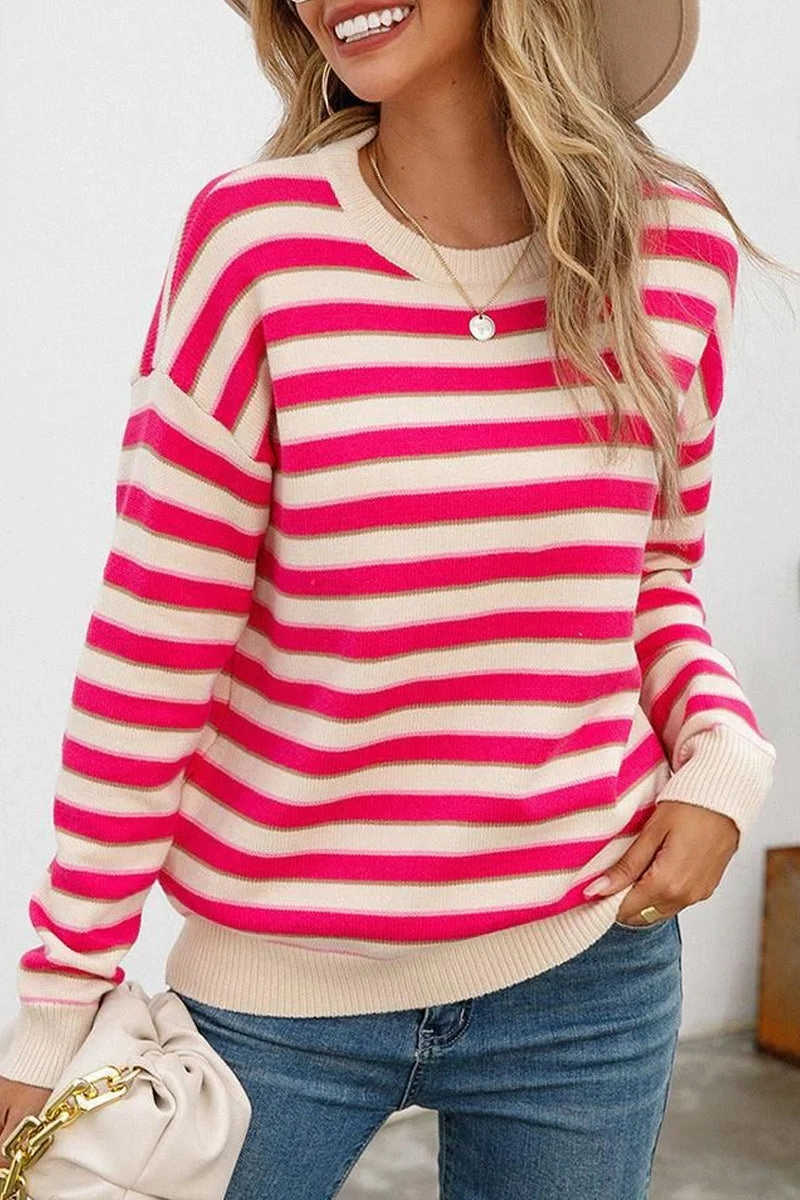 WOMENS STRIPE CASUAL SWEATER TOP Smooth Interior Lining NonChafe Tag Placement