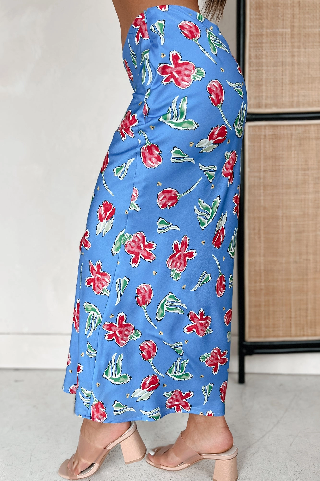 Feeling Flowerful Satin Floral Midi Skirt (Blue) Style Layering Fashion Combo