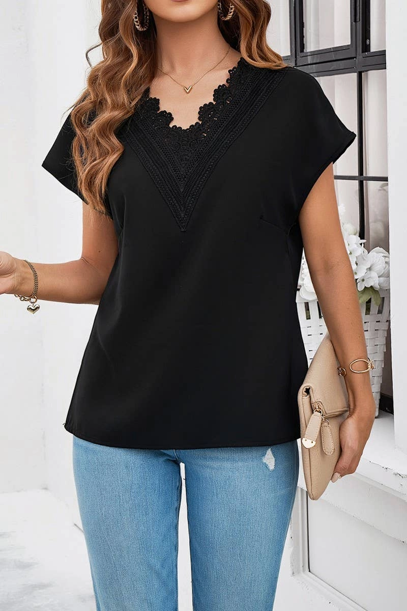 Casual Blouse Soft Pullover CASUAL SOLID COLOR V NECK SHORT SLEEVE SHIRT_CWTSTS0330
