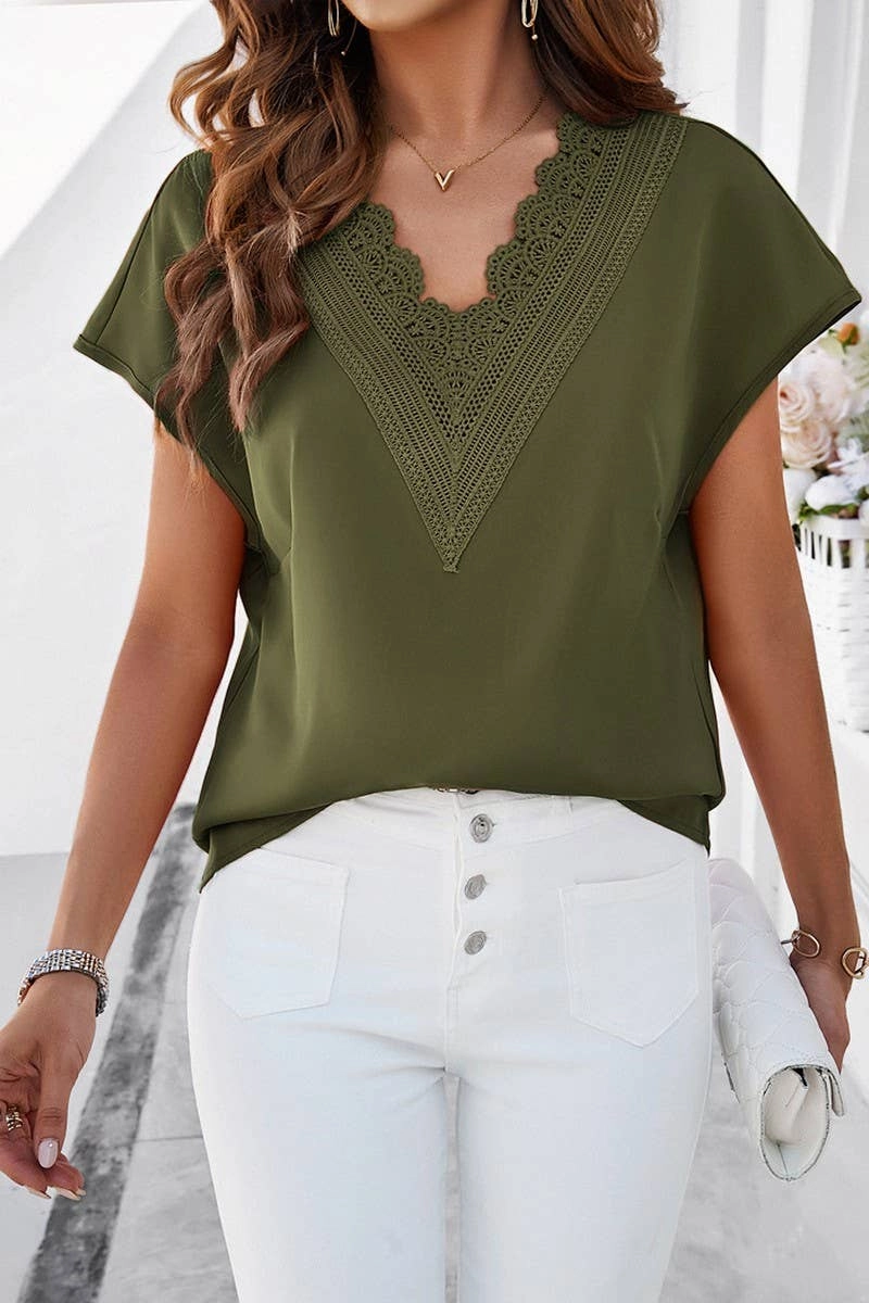 CASUAL SOLID COLOR V NECK SHORT SLEEVE SHIRT_CWTSTS0330 AthleisureInspired ButterSoftTexture
