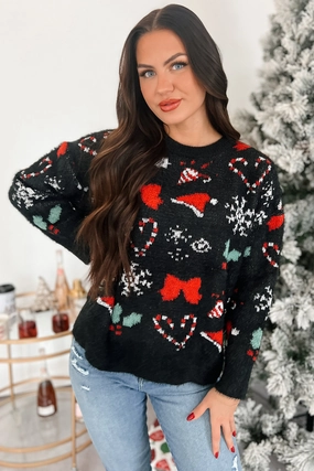 Adjustable Hem Cuff PlacketDetail Just Christmas Things Oversized Holiday Sweater (Black Multi)