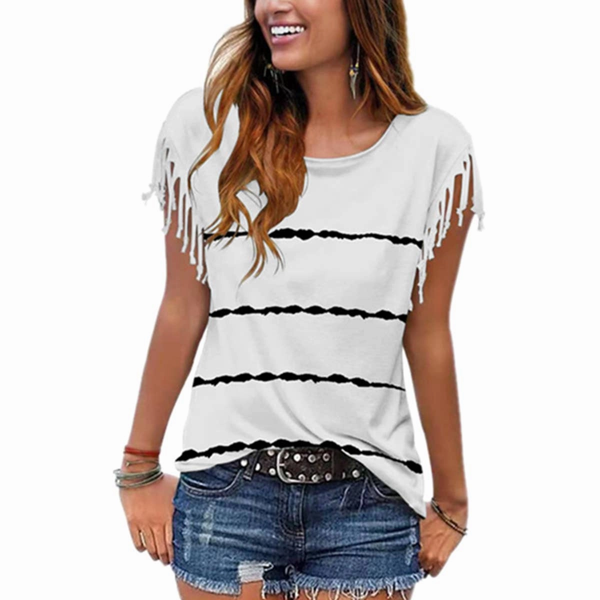 BURNT FLOWER FRINGE SHORT-SLEEVED BLOUSE_CWTBLSL0340 Four Way Stretch