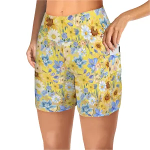 Yellow Floral Art Yoga Shorts with Pockets up to 5 XL (FWS)