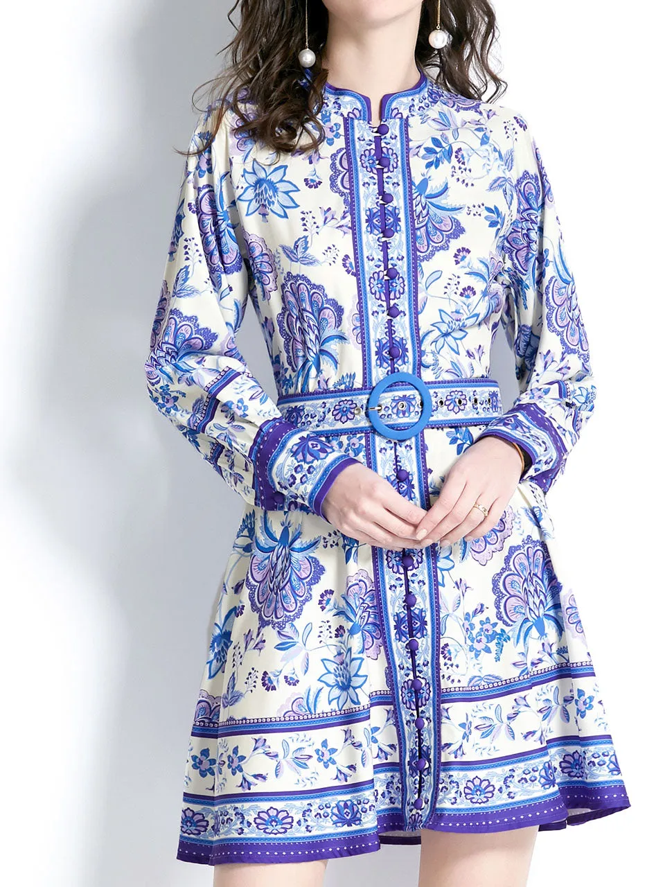 Yellow Stand Collar Floral Print Long Sleeve Boho Dress Mini Dress With Button